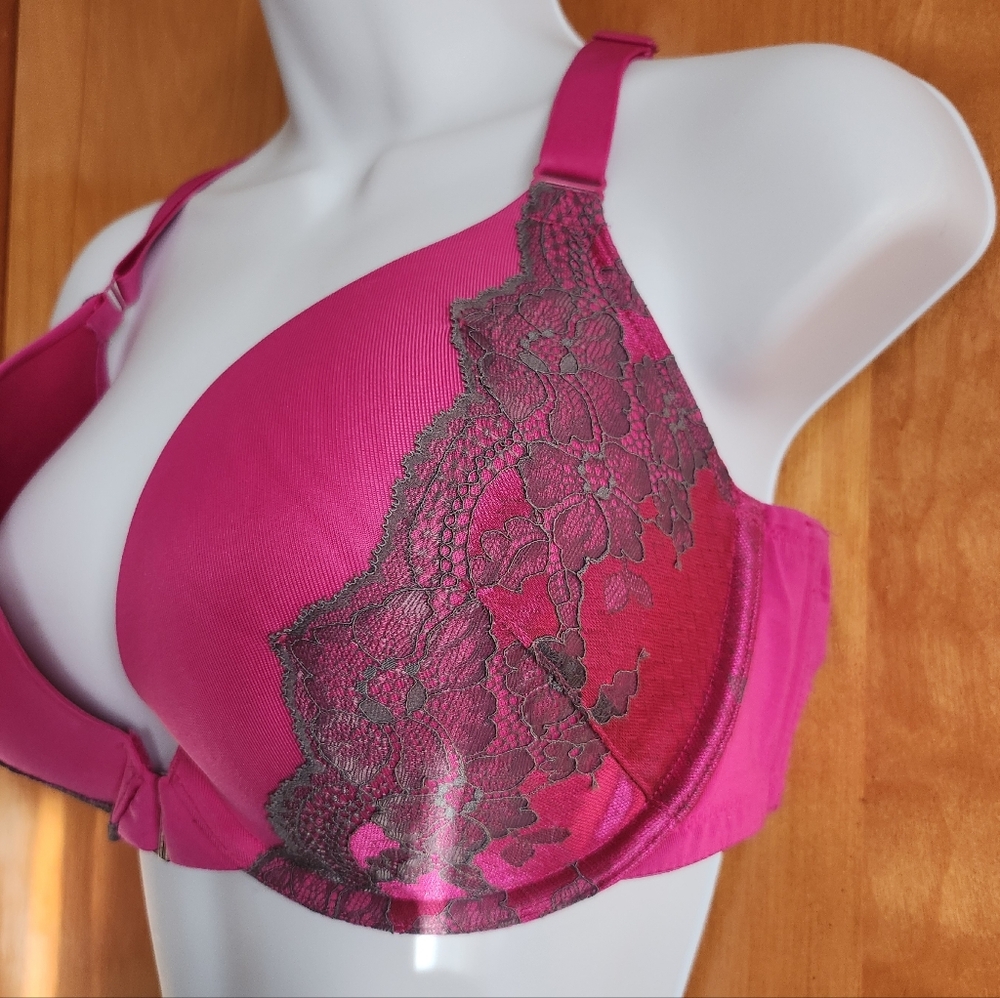 Cacique Front Closure Lace Back Boost Plunge- Fuchsia Red Size 42C - Picture 6 of 13